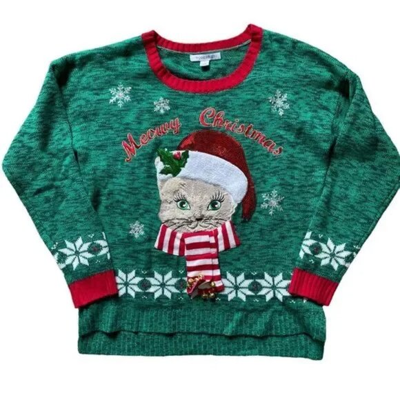 99 Jane Street Green Red Meowy Christmas Cat Jingle Bell Ugly Christmas Sweater - Picture 1 of 8